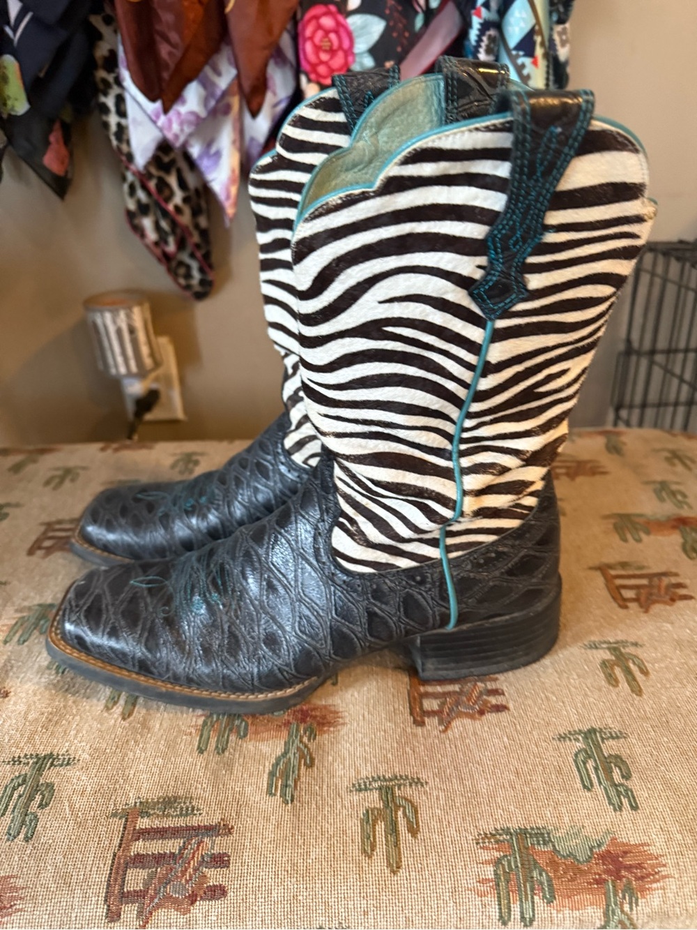 Ariat Black Leather & Zebra Print Western Heeled Boots